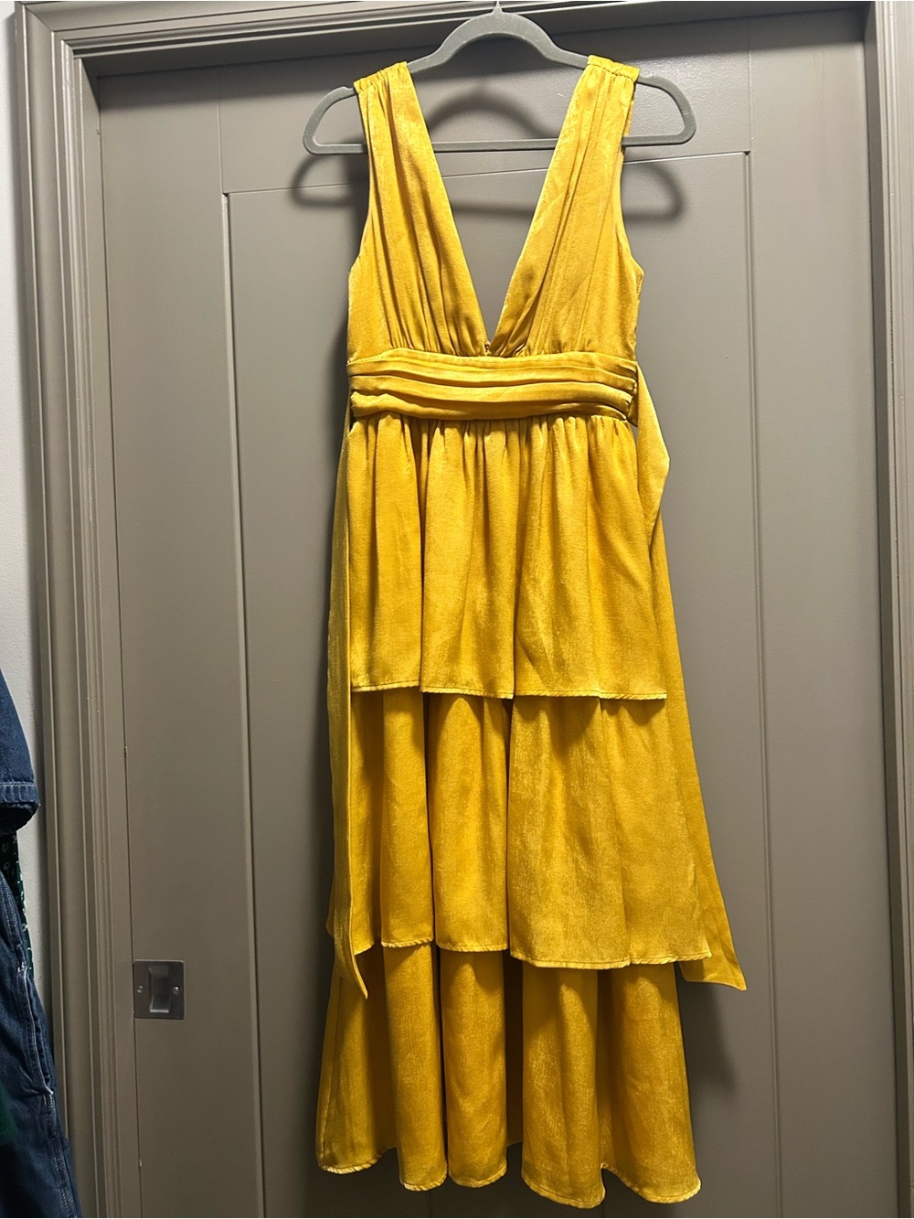 Mustard Yellow Satin Tiered Tie-Back Midi Dress XS
